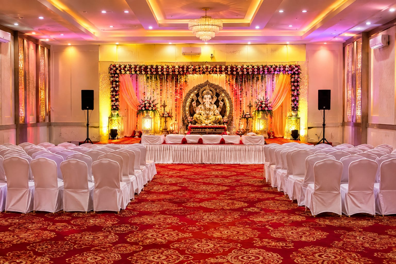 Banquet hall set for a Ganesh Chaturthi celebration with a floral stage backdrop and rows of white chairs